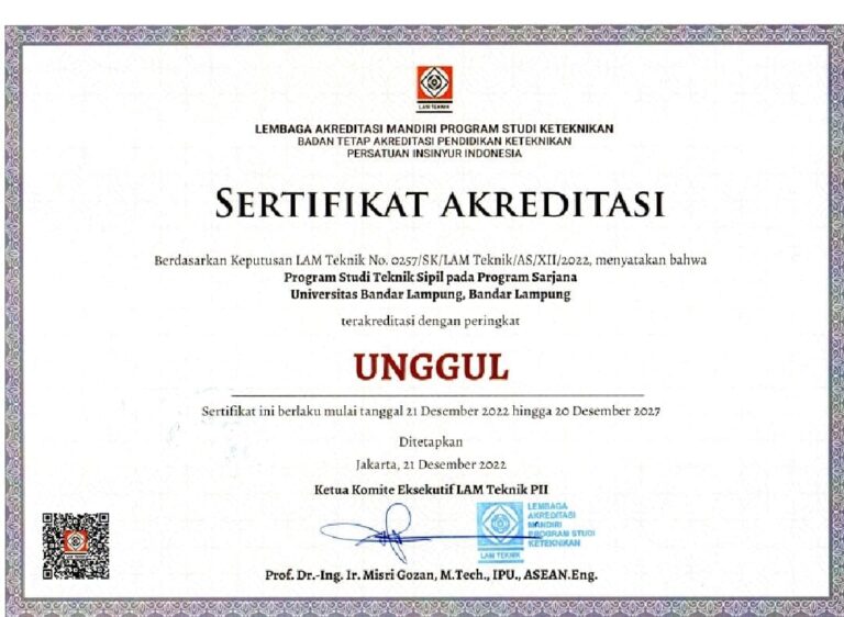 Prodi Teknik Sipil (S1) UBL Jadi Prodi PTS Pertama di Sumatera Raih Peringkat Unggul