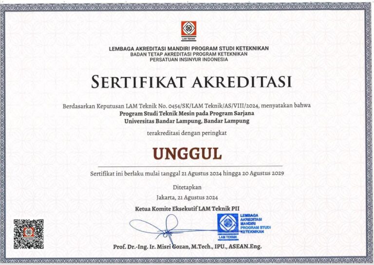 Selamat! Prodi Teknik Mesin UBL Jadi Prodi PTS Pertama di Sumatera Raih Akreditasi Unggul